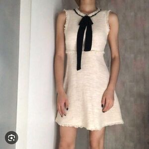 ZARA Beige Tweed A-Line Dress M Frayed Trim Bow Neckline Morocco Chic Textured M